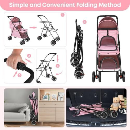 Double Pet Stroller for Dogs and Cats,Cat Strollers for 2 Cats,Pink