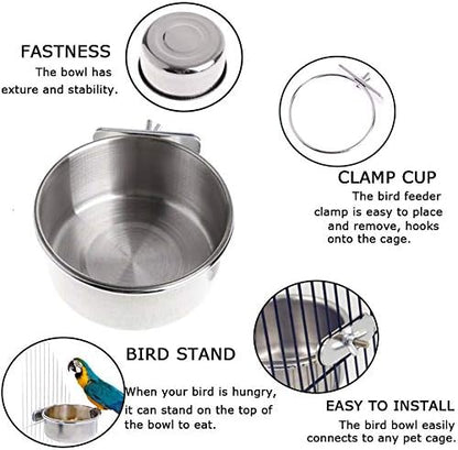 Parrot Feeding Bowls, Bird Cage Cups Holder - Stainless Steel Food and Water Dish, Bird Feeders with Clamp for Parakeet African Greys Conure Cockatiels Lovebird Budgie Chinchilla