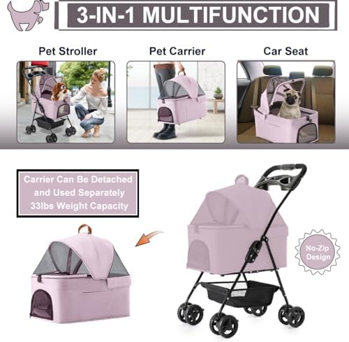 Pet Stroller with Detachable Carrier for Small Dogs & Cats, Pink