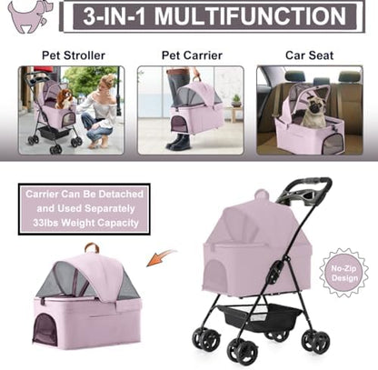 Pet Stroller with Detachable Carrier for Small Dogs & Cats, Pink