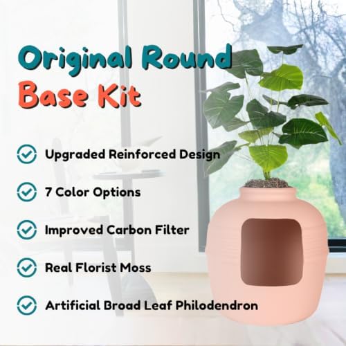 Good Pet Stuff Original Hidden Litter Box Planter, Decorative Cat Litter Enclosure, Carbon Filter, Faux Plant, Round Design, Easy to Clean, Base Kit, Broad Leaf Philodendron, Blush Coral