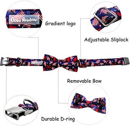 Dog Collar, 4 of July Independence Day American Flag Dog Bow Collar Boy Pet Collar Bowtie Duarble Puppy Collars for Small Medium Large Dog