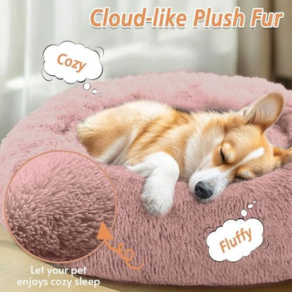 JOLLYVOGUE Calming Dog Bed Medium Size Dog, Anti-Anxiety Donut Medium Pet Bed, 27 inches Fluffy Faux Fur Round Cat Bed (Dark Pink)