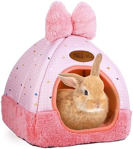 Bunny Bed Hideout House Cage Accessory for Rabbit Guinea Pig Hamster Cozy and Warm Rabbit Bed with Cute Bowknot Design