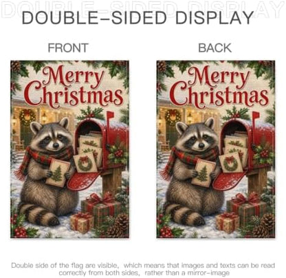 Christmas Raccoon Garden Flag 12x18 Inch Merry Holiday Mailbox Cards Scarf Gifts Snowy Rustic Farmhouse Outdoor Yard Lawn Porch Double Sided Banner Winter Welcome Decor