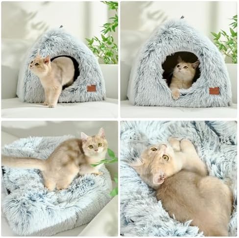 CATISM Cat Beds for Indoor Cats 2 in 1 Cat Bed Cave Machine Washable Fluffy Cat Cave Bed Foldable Non-Slip Washable Cushioned Pillow Soft Plush Premium Cotton Pet Bed for Kittens and Small Dogs Gray L