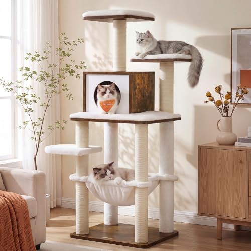 Feandrea Cat Tree, 56.3-Inch Contemporary Cat Tower, Multi-Level Condo