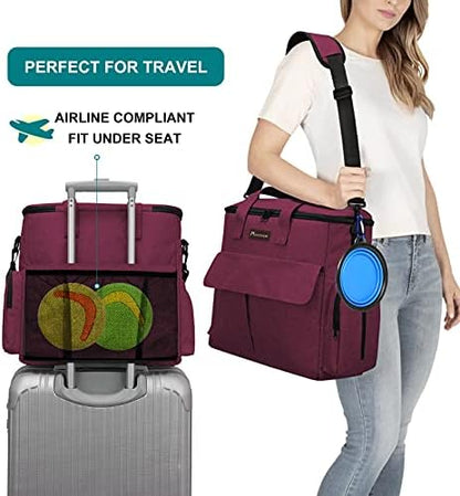 Modoker Weekend Dog Travel Bag with 2 Food Bags, 2 Bowls and Mat,Rose Red