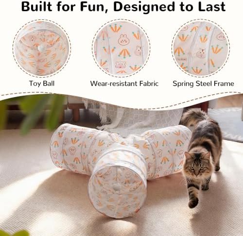 Tempcore Cat Tunnel, 3-Way Collapsible Toy for Indoor Cats, Pink Rabbit
