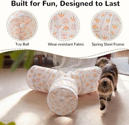 Tempcore Cat Tunnel, 3-Way Collapsible Toy for Indoor Cats, Pink Rabbit