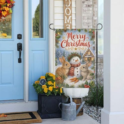 Merry Christmas Garden Flag 12x18 Inch Rabbit Pair Snowman Carrot Basket Holly Pinecone Watercolor Winter Outdoor Yard Lawn Front Porch Welcome Double Sided Banner Decor