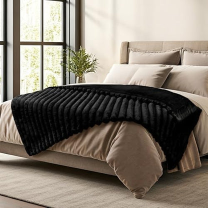 DEZ FURNISHINGS Luxury Reversible Textured Stripe Faux Fur & Velvet Throw Blanket, Twin (66" x 90"), Black