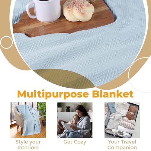 Superior Metro All-Season Cotton Blanket, Woven Blanket for Couch, Bed, Bedding, Farmhouse, Home Essentials, Cute and Cozy Bohemian Blankets, Herringbone Weave, Twin Size, Light Blue