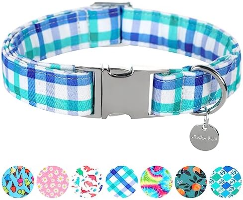 Blue Plaid Summer Cotton Dog Collar with Metal Buckle Gift Collar for Small Medium Large Girls or Boys Dogs Cute Durable Comfortable Pet Collars