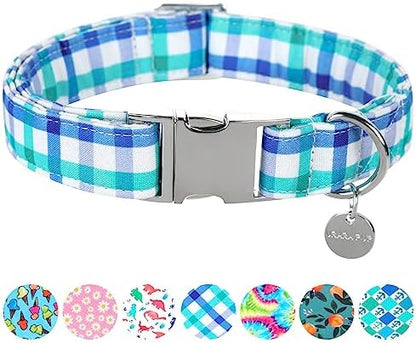 Blue Plaid Summer Cotton Dog Collar with Metal Buckle Gift Collar for Small Medium Large Girls or Boys Dogs Cute Durable Comfortable Pet Collars