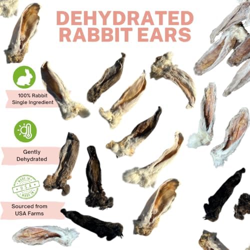 Dehydrated Rabbit Ears for Dogs & Cats - - USA Sourced Whole Ears with Fur for Dogs - Rawhide Alternative - 100% Single Ingredient Crunchy Furry Rabbit Ears (6 Count)