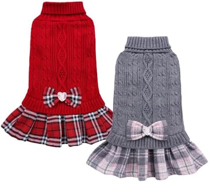 YUDODO 2 Pack Small Dog Sweater Dress with Bowtie Turtleneck - Pet Clothes