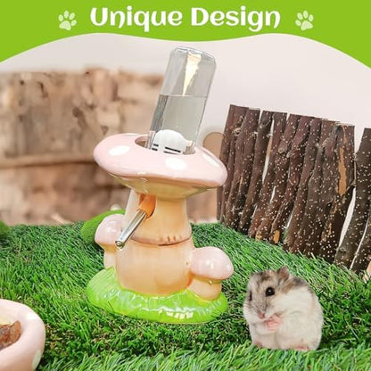 BNOSDM Hamster Water Bottle No Drip Ceramic Hamster Water Bottle for Glass Tank - 80ML Water Dispenser with Mushroom Stand Holder for Syrian Hamsters, Dwarf Hamsters, Mice, Gerbils (Pink)