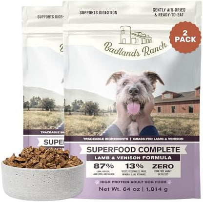 BADLANDS RANCH Air-Dried Lamb & Venison Dog Food, 87% Meat, 64 oz, 2-Pack
