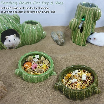 2 Pack Green Cactus Ceramic Hamster Food Bowl Anti-Tip Water Dish