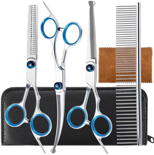 5 in 1 Premium Dog Grooming Scissors, Professional Dog Scissors for Grooming with Safety Round Tips, Lengnoyp Stainless Steel Thinning Shears, Pet Cat Shears for Grooming Kit