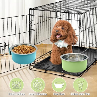 Tfwadmx 4 Pcs Crate Dog Bowl Cat Removable Stainless Steel Food and Water Feeder Hanging Cage Bowls Coop Cup with Cleaning Set for Pet Puppy Bird Rat Guinea Pig Ferret Bunny Rabbit (Light Blue&Green)