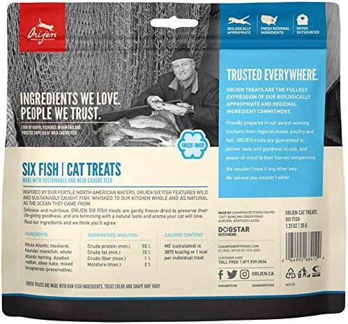 ORIJEN 3 Pack of Six Fish Freeze-Dried Cat Treats, 1.25 Ounces Each, Made in The USA