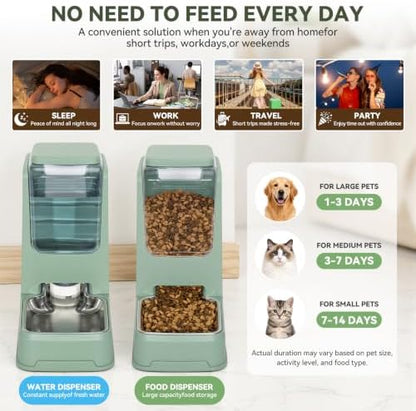 2 Pack Automatic Cat Feeder Stainless Steel Gravity Food and Water Dispenser for Small Medium Kitten Puppy Pets (Green)