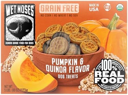 Wet Noses Organic Crunchy Dog Treats – All-Natural, Human-Grade, Non-GMO, Healthy Training & Delicious Snacks for Dogs, for All Dog Sizes & Breeds – Grain Free Pumpkin & Quinoa, 5lb (Single Pack)