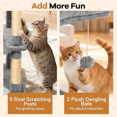 DORTALA 75" Tall Modern Cat Tree, Multi-Level Cat Tower with Large Condos, Sisal Scratching Posts, Top Perch, Hammock, Dangling Balls, Kitten Beds & Climbing Furniture for Indoor Cats (Light Grey)