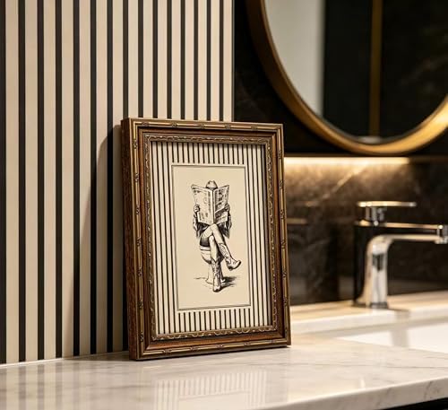 Vintage Gold Framed Cowgirl Bathroom Wall Art, Western Cowgirl Reading Newspaper on The Toilet Canvas Print, Cowboy Boots Stripe Picture Wall Decor, Rustic Farmhouse Poster Artwork for Restroom