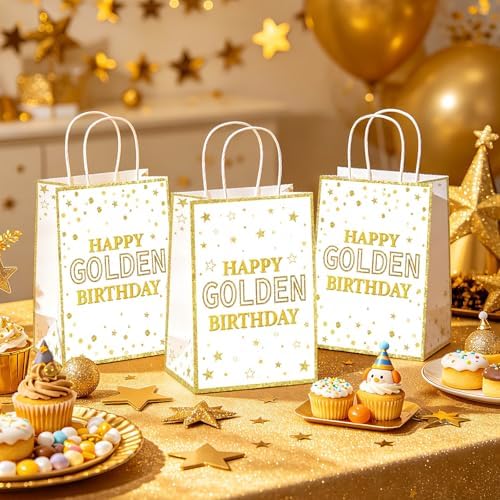 16Pcs Happy Golden Birthday Party Favor Bags White Gold Goodie Bag