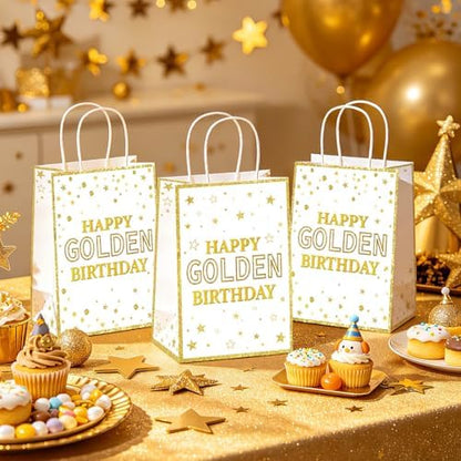 16Pcs Happy Golden Birthday Party Favor Bags White Gold Goodie Bag