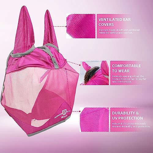 Harrison Howard UV-Proof Multi-Function Fabrics Thick Fleece Padding Horse Fly Mask Half Face with Ears Magenta Warmblood Extra Large