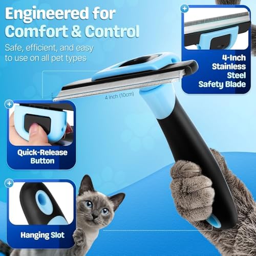 Flexzion Deshedding Dog Brush for Short Hair Pets, 4-Inch Blade, Blue
