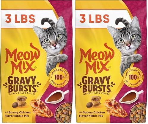 Meow Mix Gravy Bursts, Savory Chicken Flavor Mix, Gravy Filled Dry Cat Food, 3 lb. Bag (Pack of 2)
