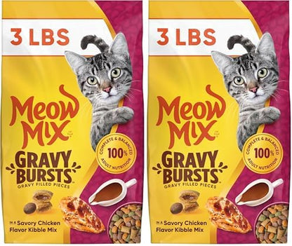 Meow Mix Gravy Bursts, Savory Chicken Flavor Mix, Gravy Filled Dry Cat Food, 3 lb. Bag (Pack of 2)