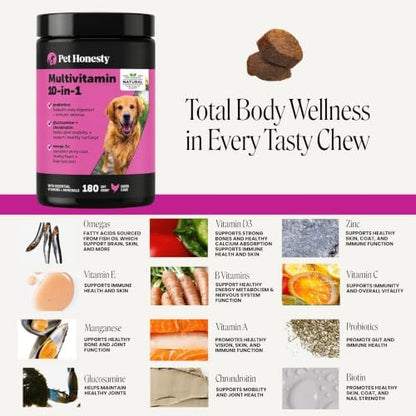 10-in-1 Dog Multivitamin Supplement with Glucosamine & Probiotics - Hip & Joint Support, Digestive Health, Immune Support, Heart & Skin - All-in-One Daily Vitamins & Omega-3s for Dogs (Chicken 180 Ct)