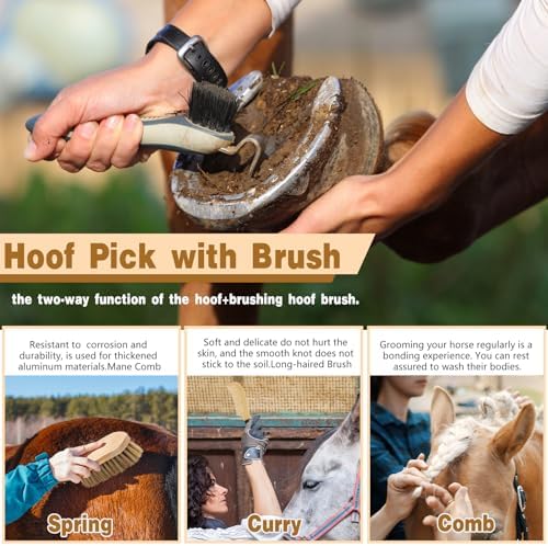 Abbylike 12 Pieces Horse Grooming Kit Equine Care Brushes, Khaki