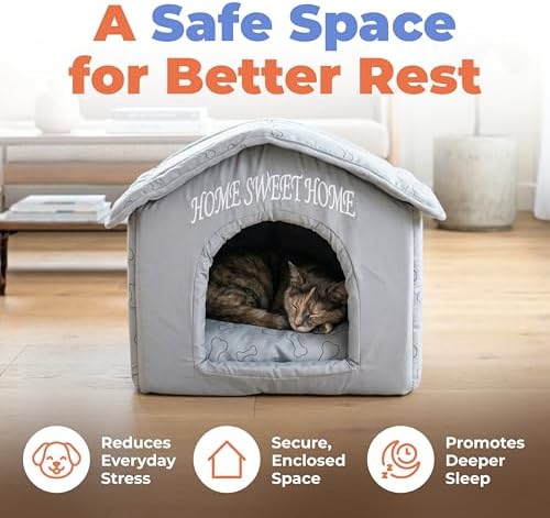 Best Pet Supplies Cat Bed for Indoor Cat, Domed Tent House with Removable Pillow, Covered Cat Cave for Small Dog, Puppies and All Breeds of Cats - Silver w/ Bones, 16 x 16 x H:14"
