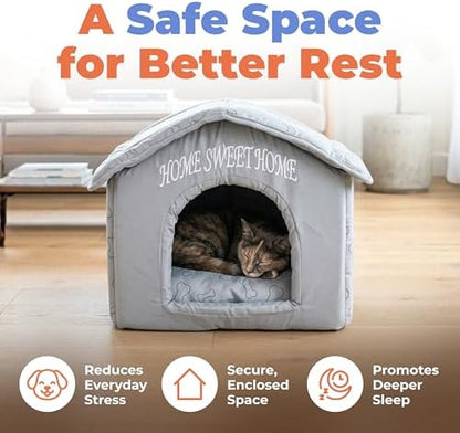 Best Pet Supplies Cat Bed for Indoor Cat, Domed Tent House with Removable Pillow, Covered Cat Cave for Small Dog, Puppies and All Breeds of Cats - Silver w/ Bones, 16 x 16 x H:14"
