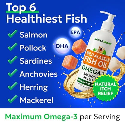 Omega 3 Fish Oil Liquid Supplement for Dogs - Wild Alaskan Salmon Oil