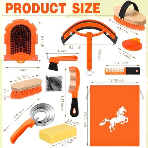 Abbylike 12 Pieces Horse Grooming Kit Equine Care Brushes, Orange