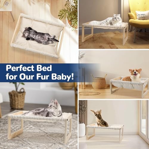 Elevated Cat Bed, Wooden Cat Hammock with Washable Thickened Cozy Cushion