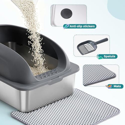 OLIXIS Stainless Steel Large Cat Litter Box with Lid, High Wall Sides