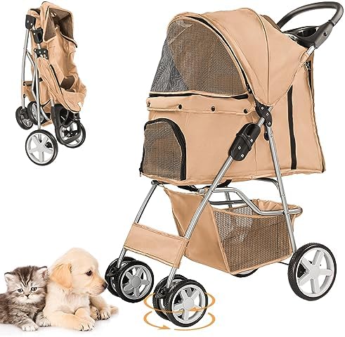 4-Wheel Pet Stroller for Small Dogs and Cats, Up to 33 lb, Beige