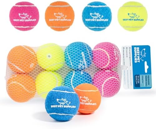 Best Pet Supplies Interactive Squeaky Dog Chew Toy, Ideal Dog Toys for Chewers, Small, Medium & Large Dogs, and Fetch Lovers - Tennis (Assorted Color), Medium (Pack of 8)