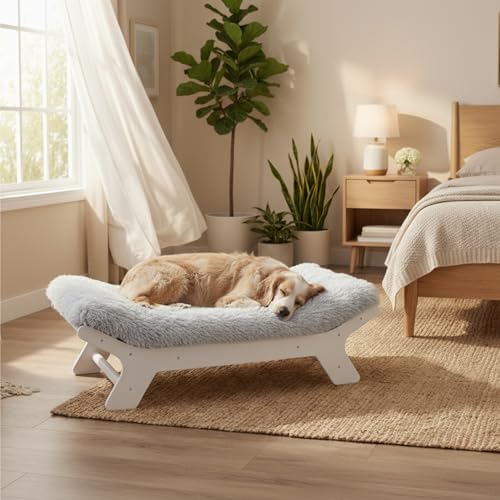 Muihood Elevated Wood Dog Bed Frame with Foam Mattress, Whitecolor, L