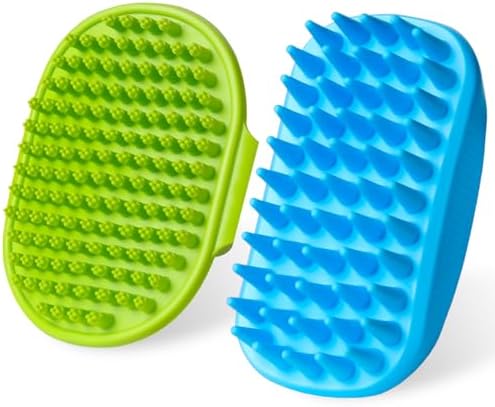 2PCS Dog Bath Brush Set | Adjustable Handle Dog Scrubber for Shampooing, Deshedding & Massaging, Suitable for Pets | Curry Comb & Shampo Brush for Dogs Cats and Horses (Green Blue)