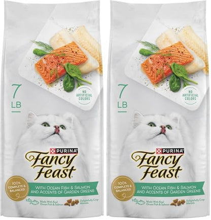 Fancy Feast Purina Dry Cat Food with Ocean Fish, Salmon, and Garden Greens Accents - 7 lb. Bag (Pack of 2)